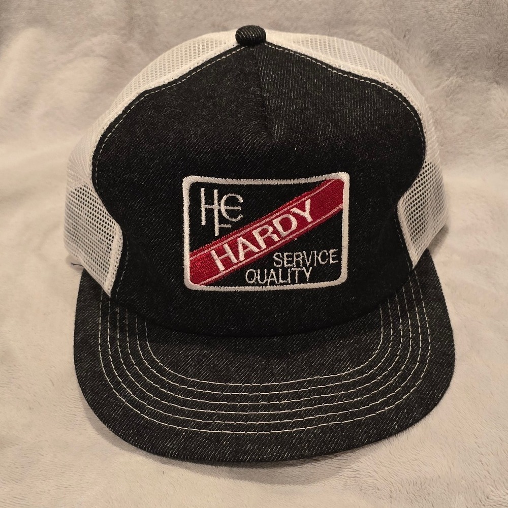 HE HARDY SERVICE QUALITY Black Denim White Mesh Trucker Hat Embroidered Patch